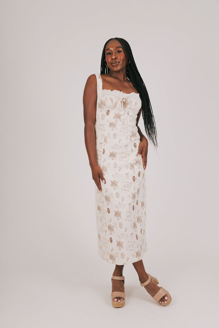 cream dress with brown print and lace detailing full