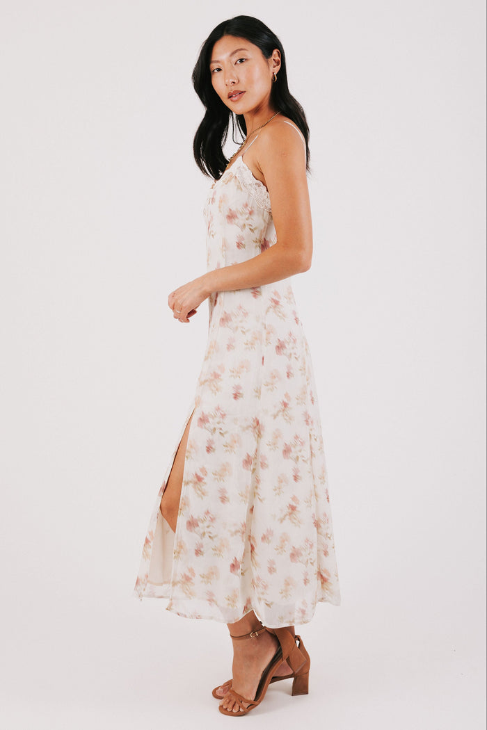 ivory and pink floral spaghetti strap dress with lace neckline side