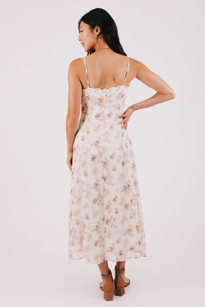 ivory and pink floral spaghetti strap dress with lace neckline back