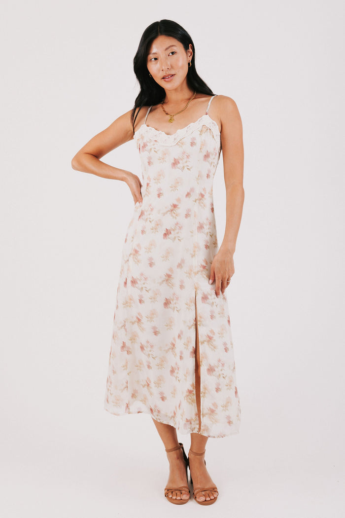 ivory and pink floral spaghetti strap dress with lace neckline full