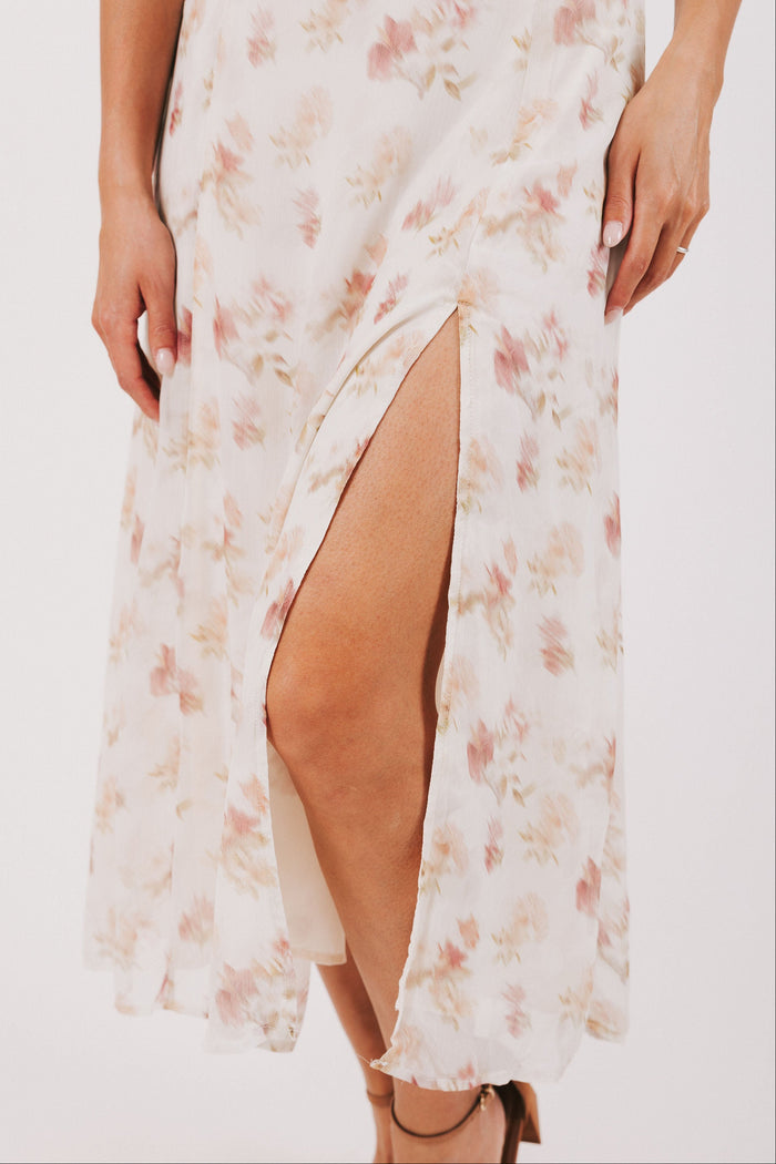ivory and pink floral spaghetti strap dress with lace neckline hemline