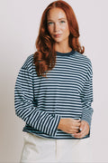 blue striped crewneck long sleeve top