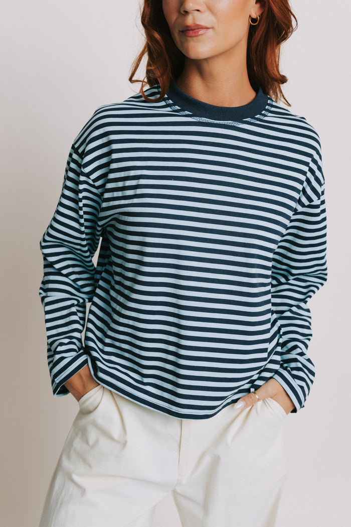 blue striped crewneck long sleeve top front