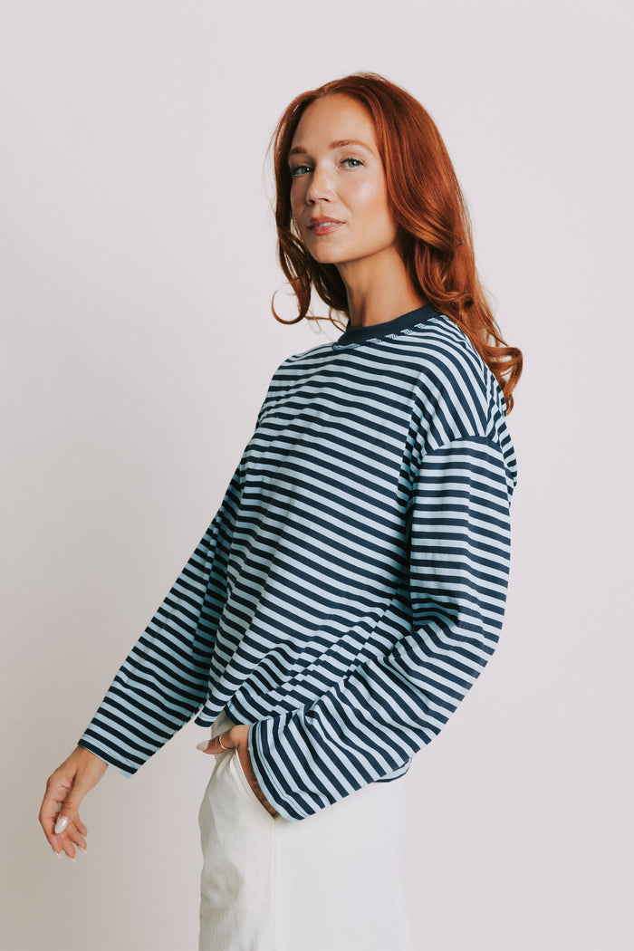 blue striped crewneck long sleeve top side