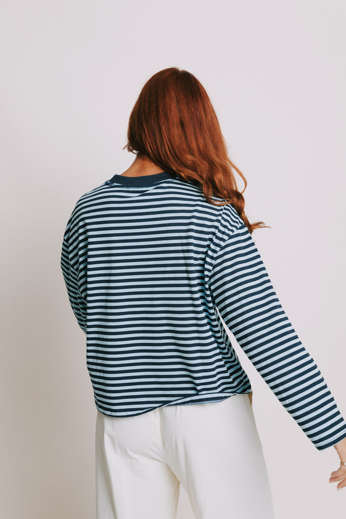 blue striped crewneck long sleeve top back