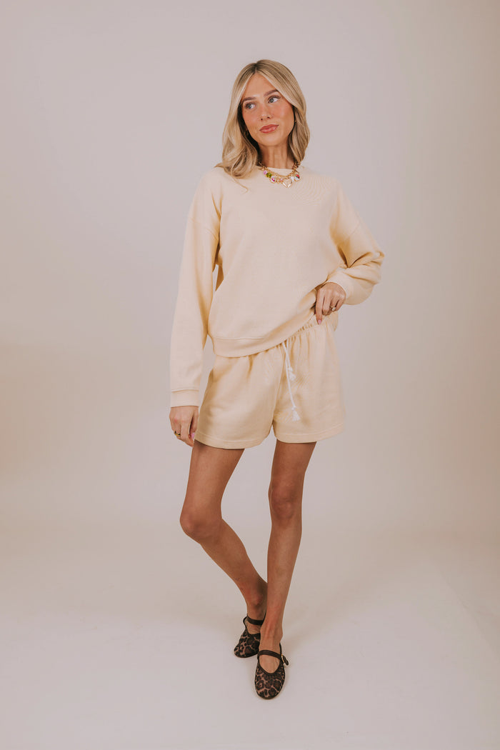 yellow drawstring shorts full body