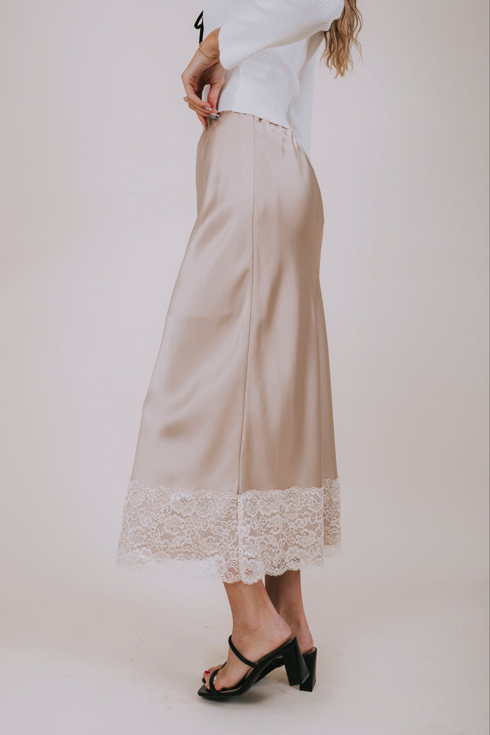 sand satin lace midi skirt side