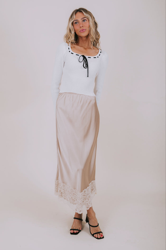sand satin lace midi skirt full