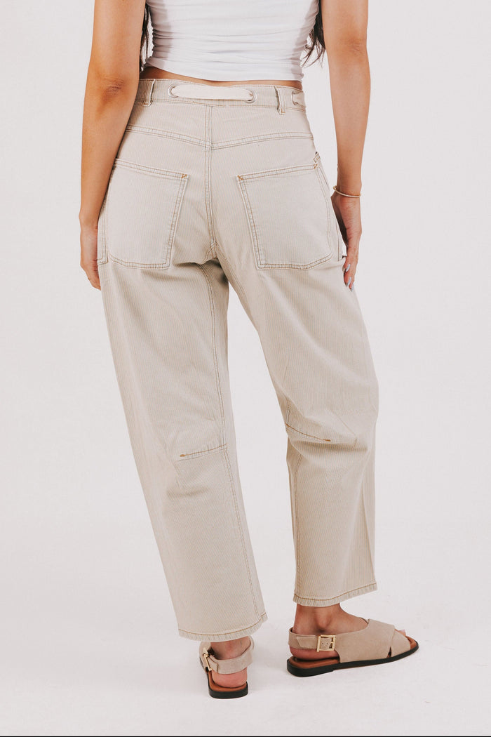 pin striped cropped pants with oversized pockets back
