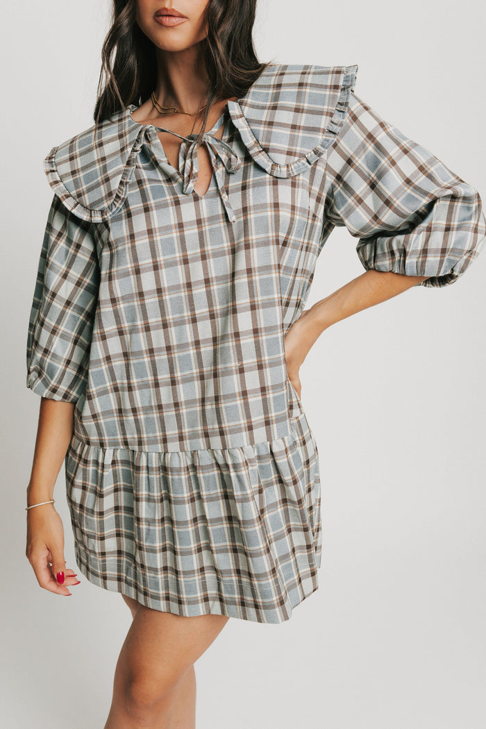 blue plaid mini dress with collar and puff sleeves front