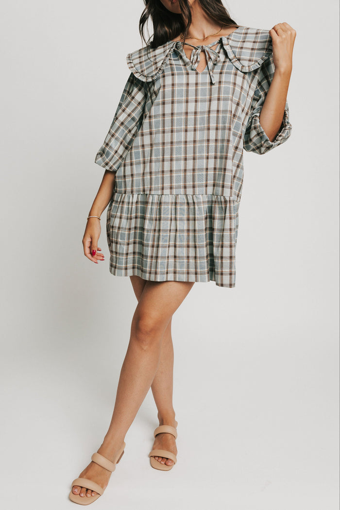 blue plaid mini dress with collar and puff sleeves