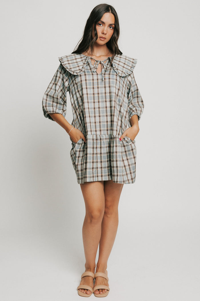blue plaid mini dress with collar and puff sleeves full