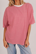 Striped short sleeve t-shirt with a contrast crew neck and split hem