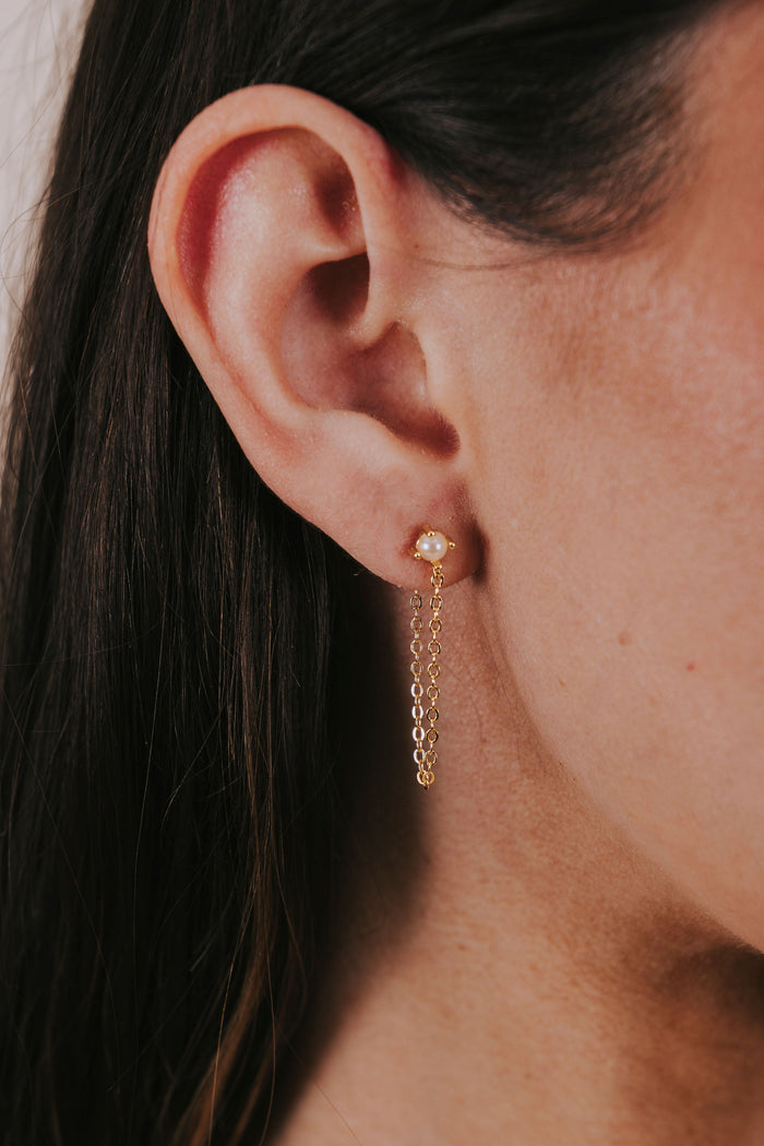 pearl studs with gold chain dangle earrings 2