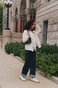 white oversized denim jacket with brown collar