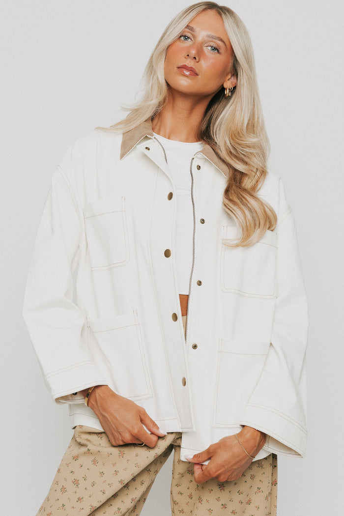 white oversized denim jacket with brown collar