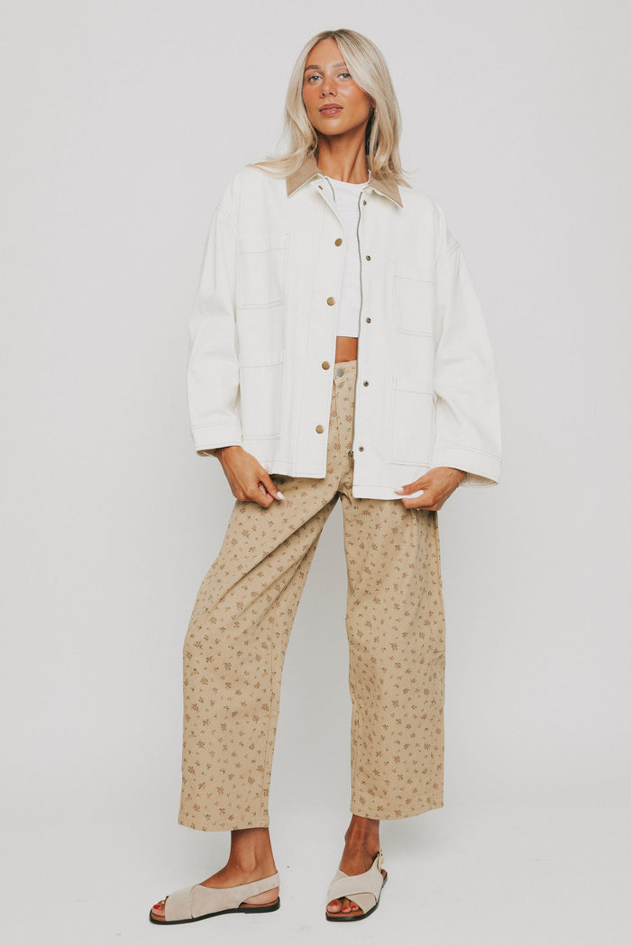 white oversized denim jacket with brown collar full