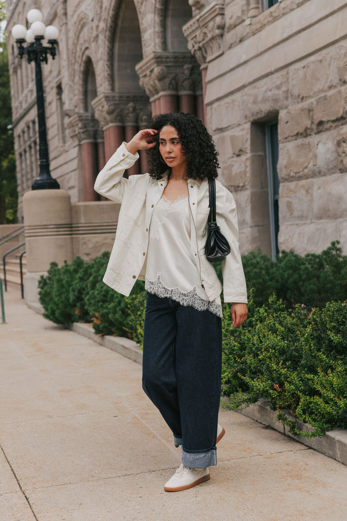 white oversized denim jacket with brown collar