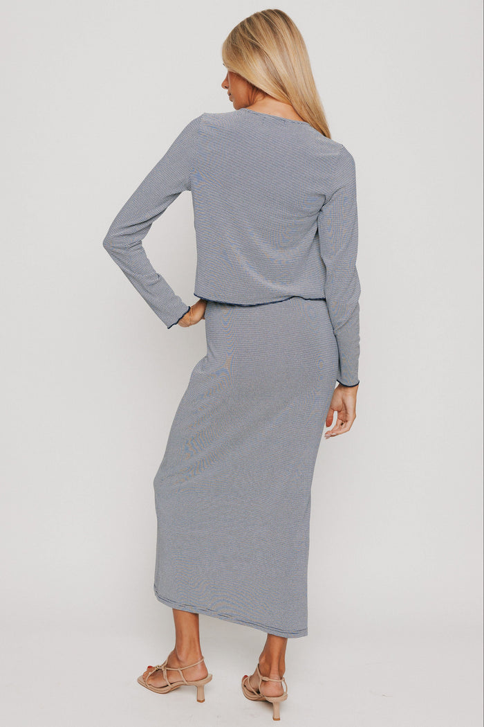 blue and white striped fitted strapless dress back