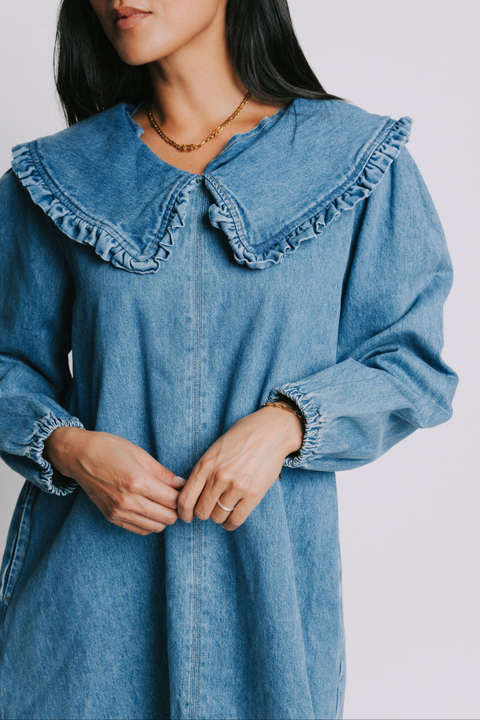 long sleeve denim mini dress with ruffled collar front