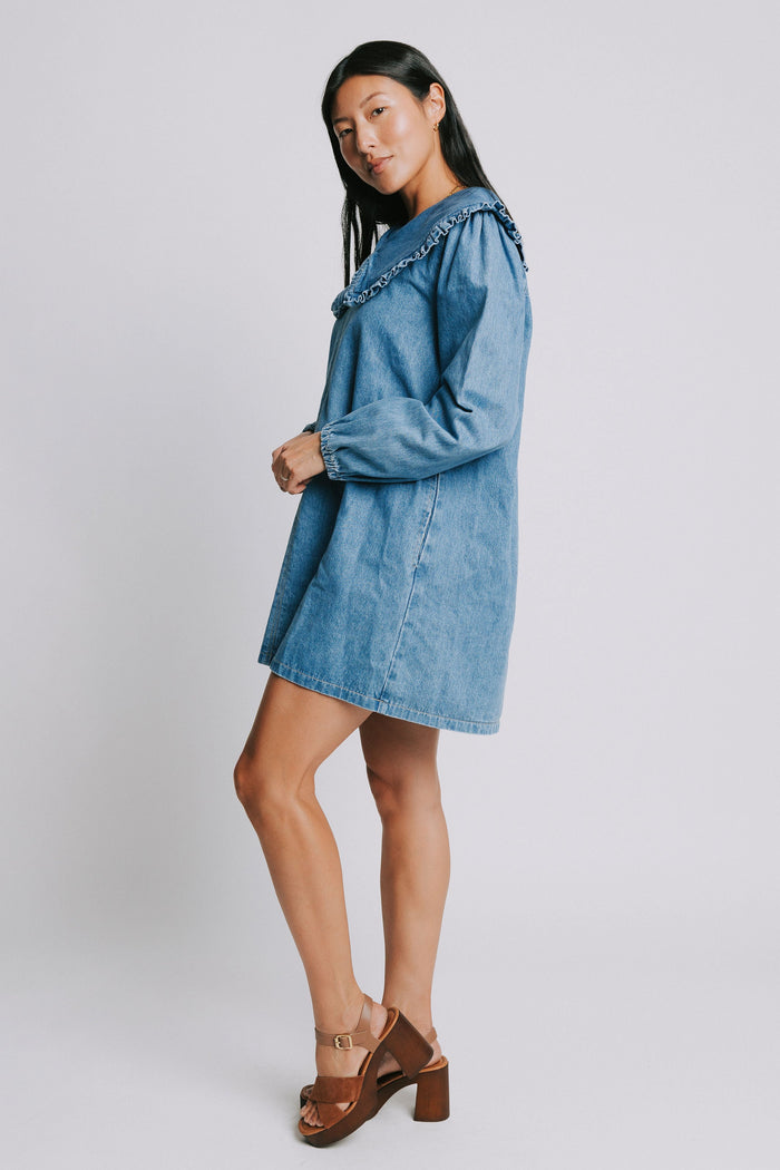 long sleeve denim mini dress with ruffled collar side