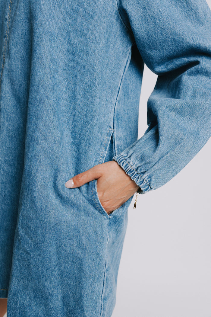 long sleeve denim mini dress with ruffled collar pockets