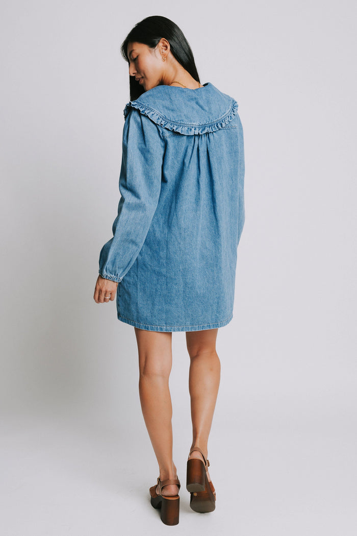 long sleeve denim mini dress with ruffled collar back