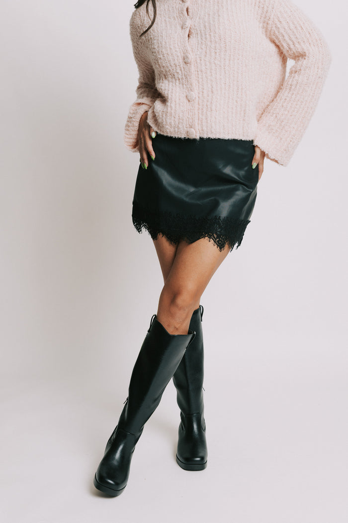 leather mini skirt with lace trim