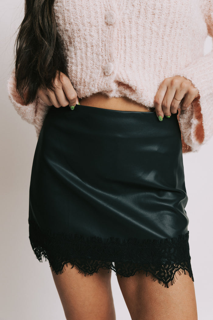 leather mini skirt with lace trim front