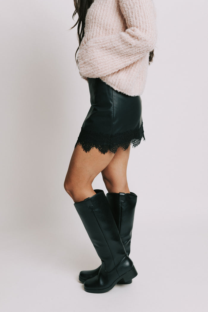 leather mini skirt with lace trim side