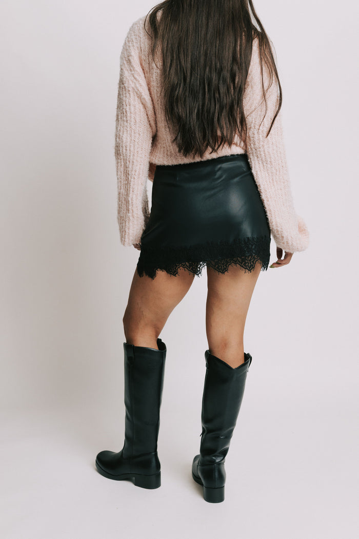 leather mini skirt with lace trim back