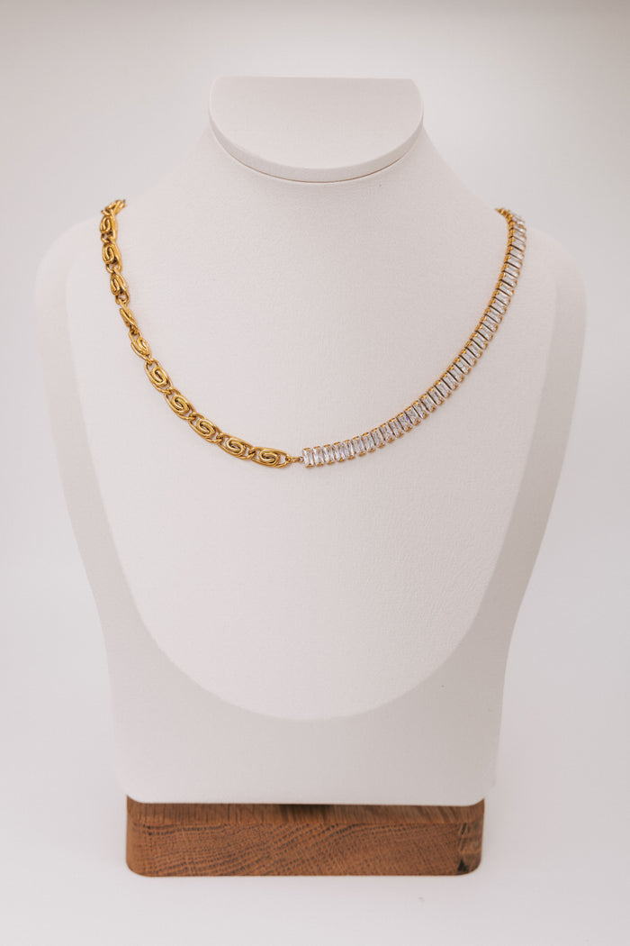 split chain necklace with stones and gold accents