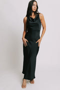 black satin maxi dress with cowl neck