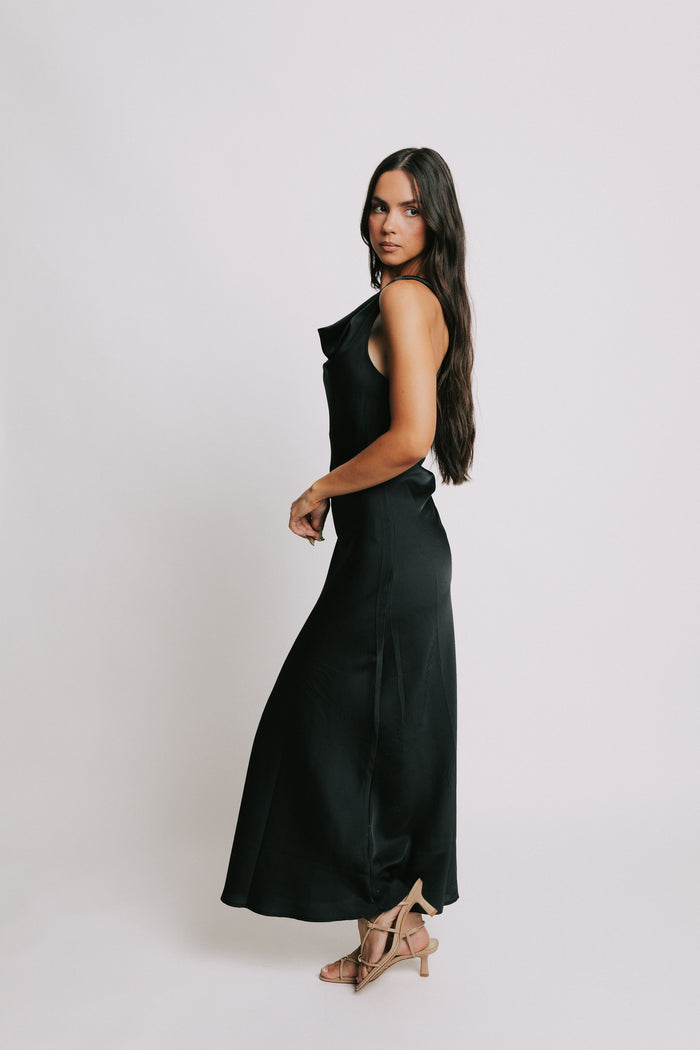 black satin maxi dress with cowl neck side