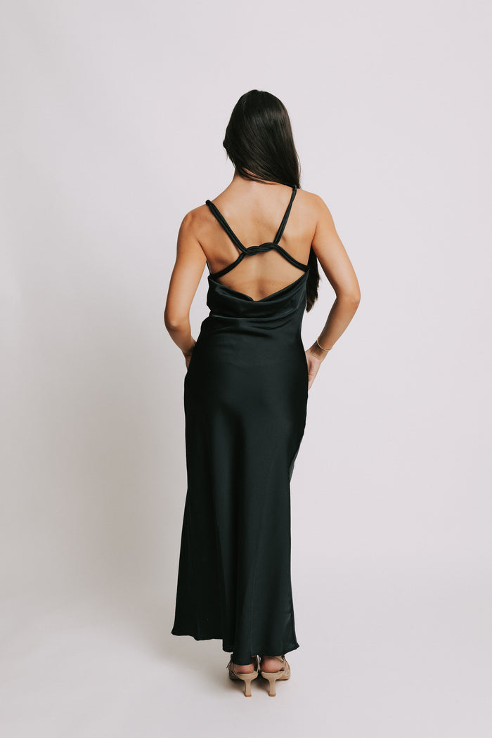 black satin maxi dress with cowl neck back