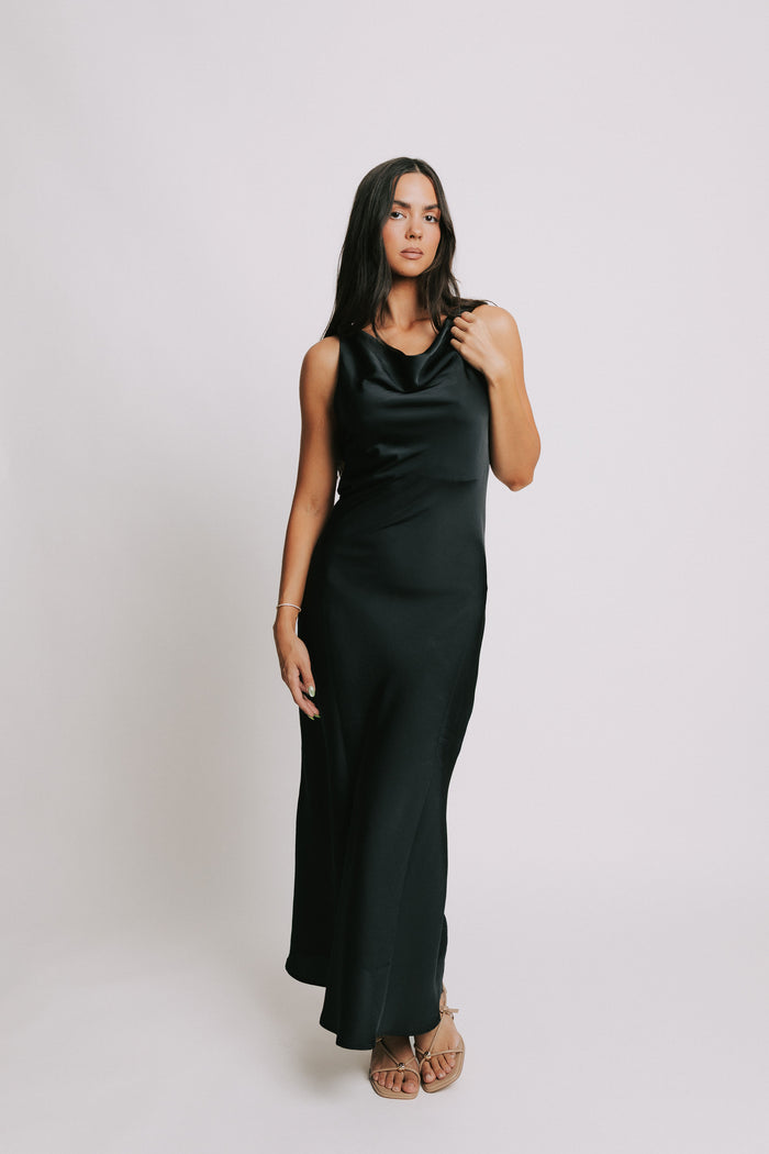 black satin maxi dress with cowl neck full