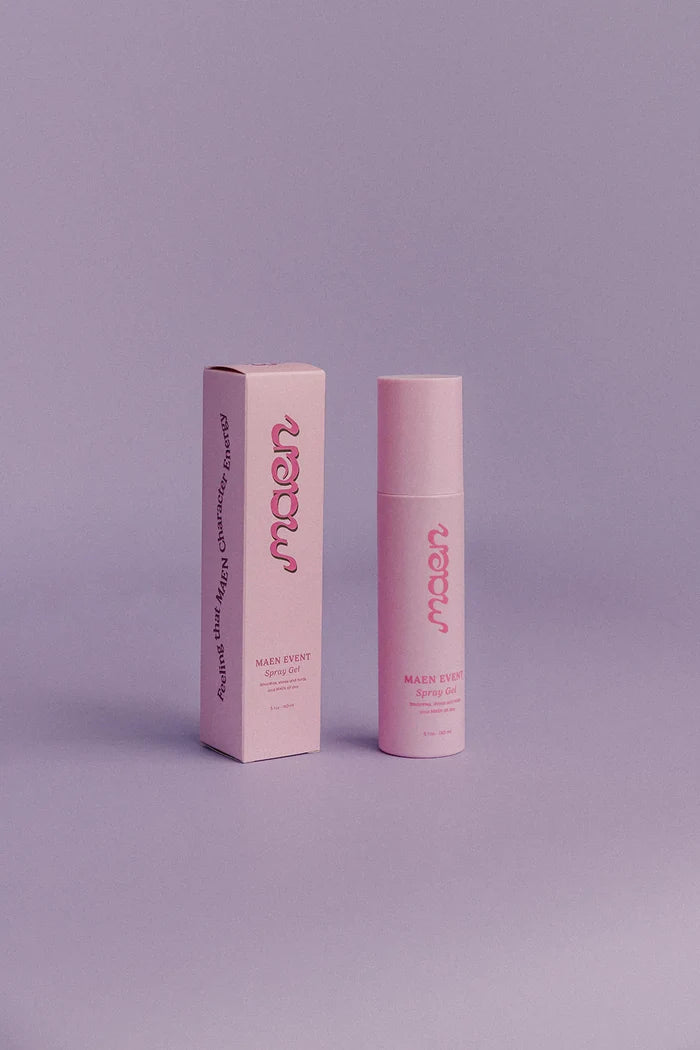 MAEN spray on gel for easy hair dos in a pink bottle