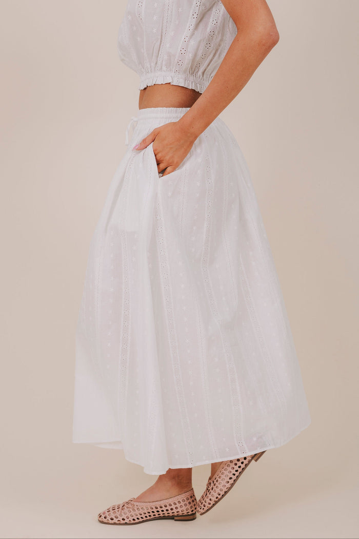 white eyelet puff sleeve bow button skirt side