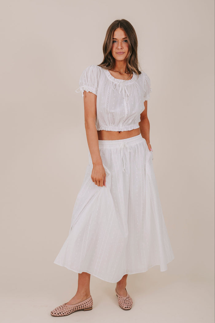 white eyelet puff sleeve bow button skirt full