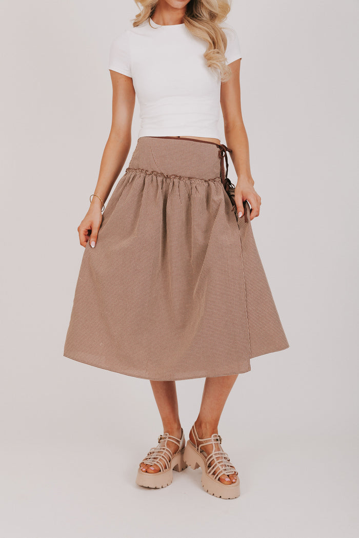 brown and white gingham midi skirt front