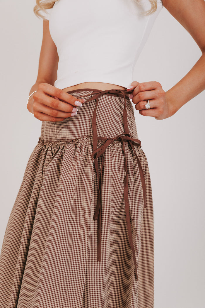 brown and white gingham midi skirt side