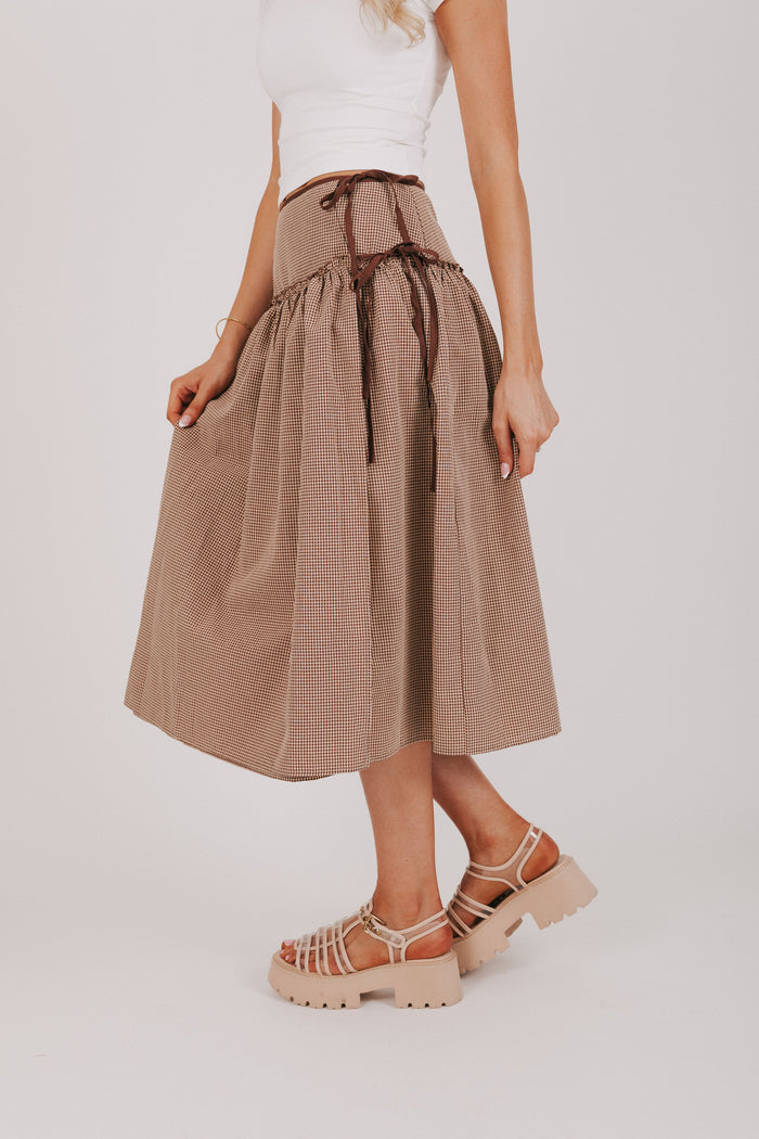 brown and white gingham midi skirt full side