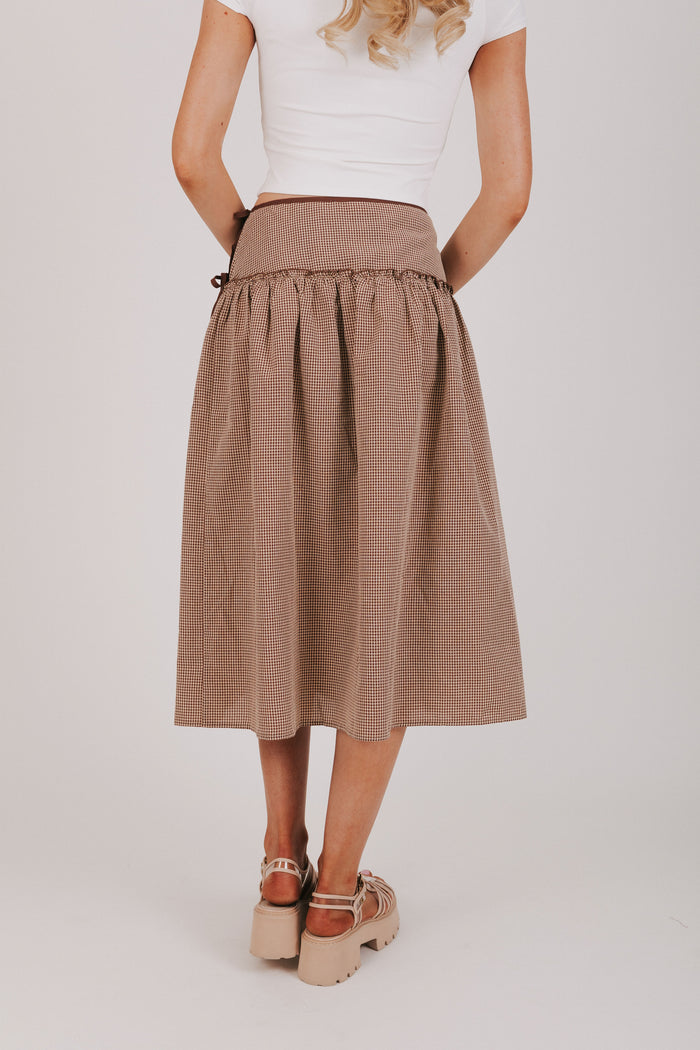 brown and white gingham midi skirt back