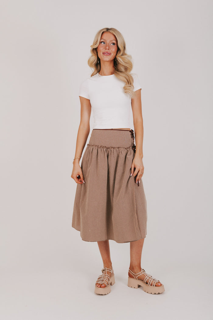 brown and white gingham midi skirt full