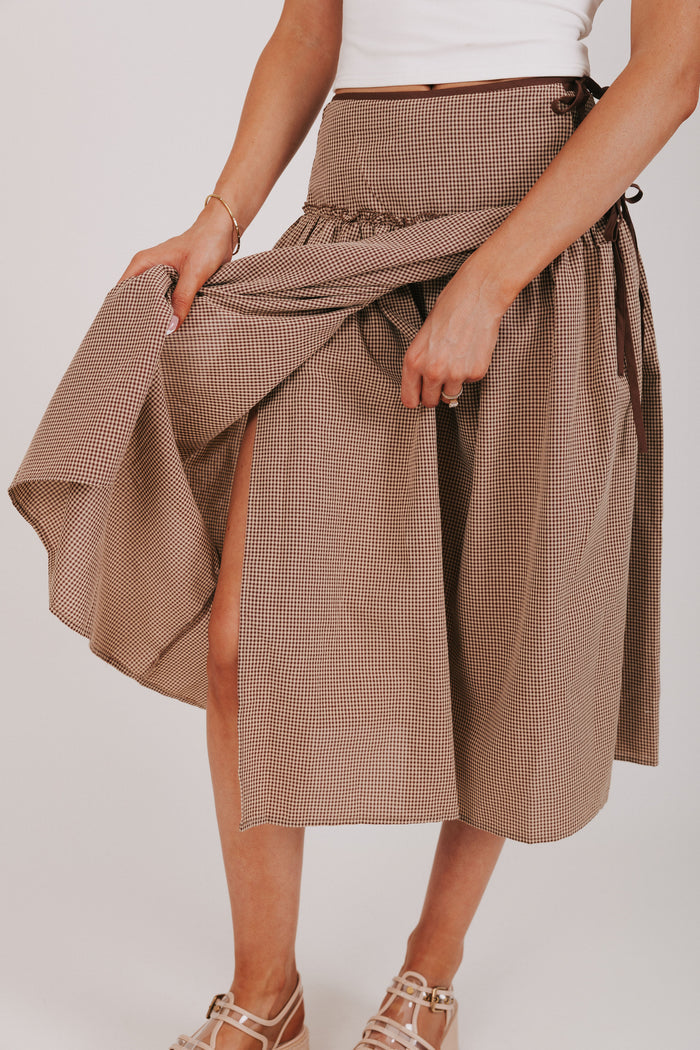 brown and white gingham midi skirt details