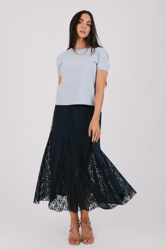 navy skirt with split lace design