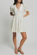 light floral mini dress with collar and puff sleeves
