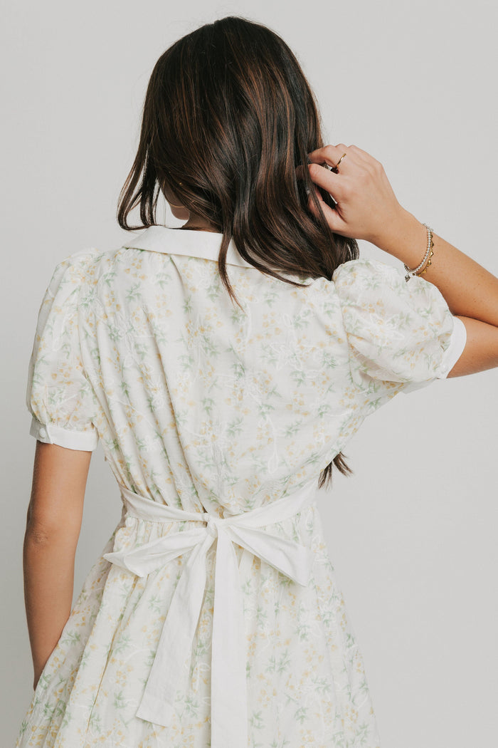 light floral mini dress with collar and puff sleeves back tie
