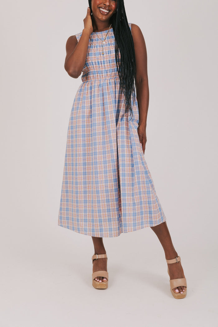 blue and orange plaid smocked midi dress full