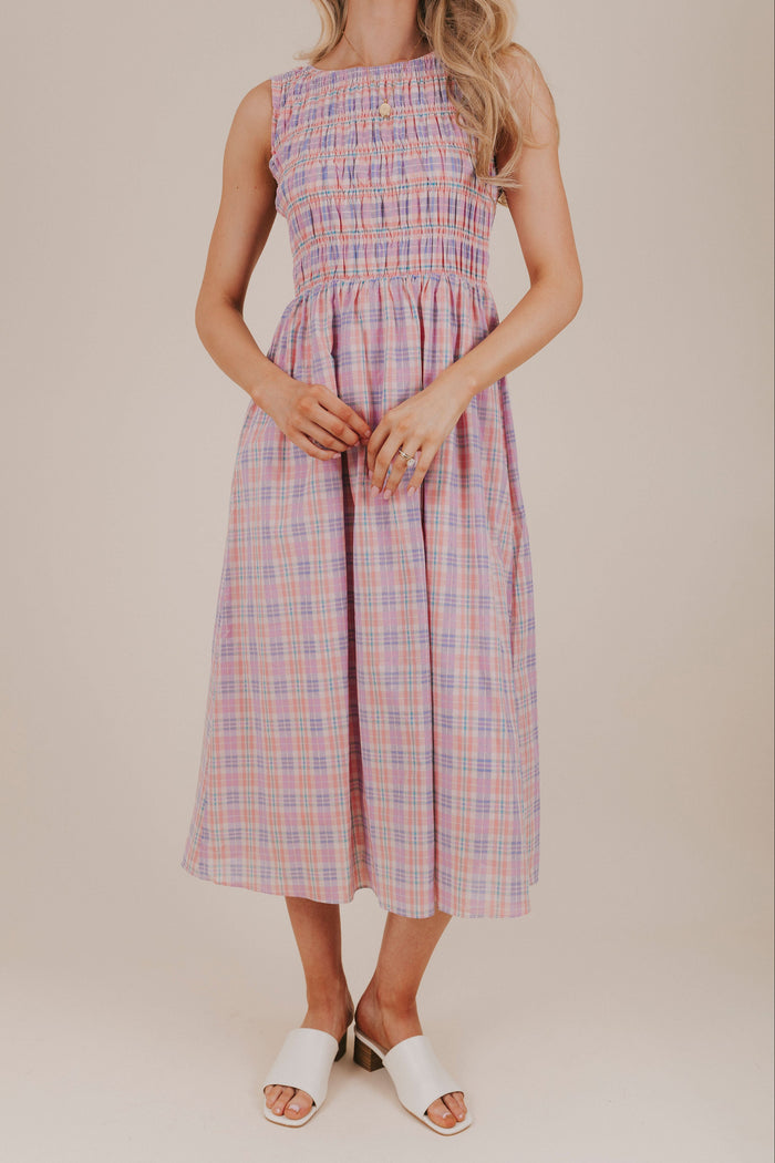 pink purple plaid smocked midi dress front